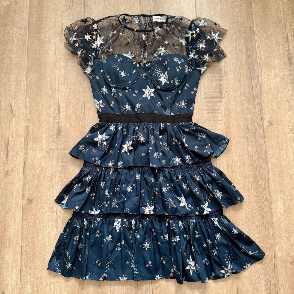 Self Portrait Navy Lace Tiered Star Mesh Printed Mini Dress Size US 2 / UK 6